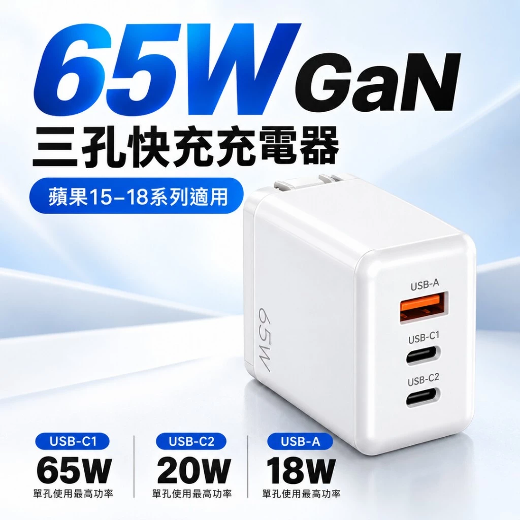 出門只需帶一顆！65W GaN 三孔 PD 快充頭滿足筆電與手機充電需求