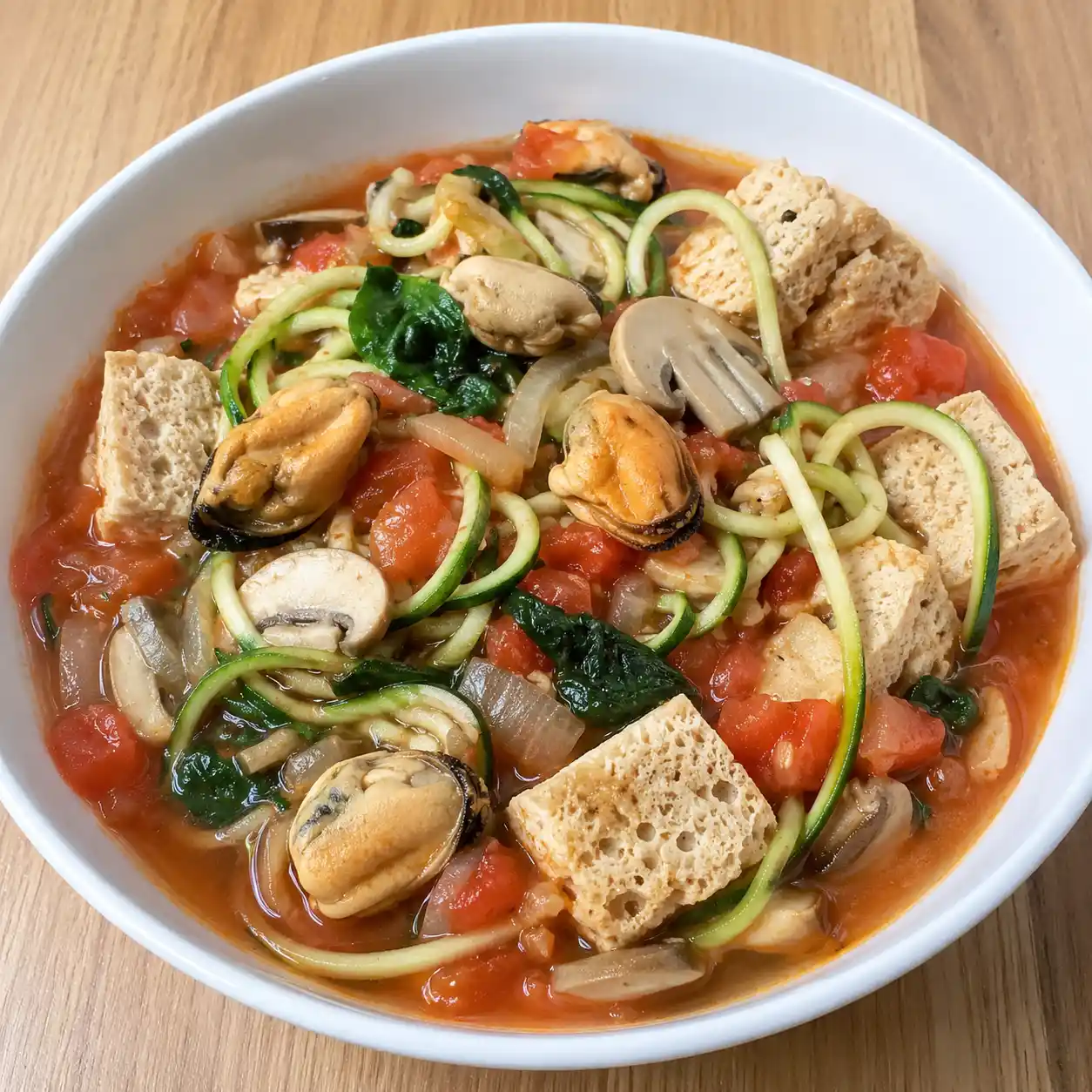 番茄淡菜凍豆腐櫛瓜麵鍋
