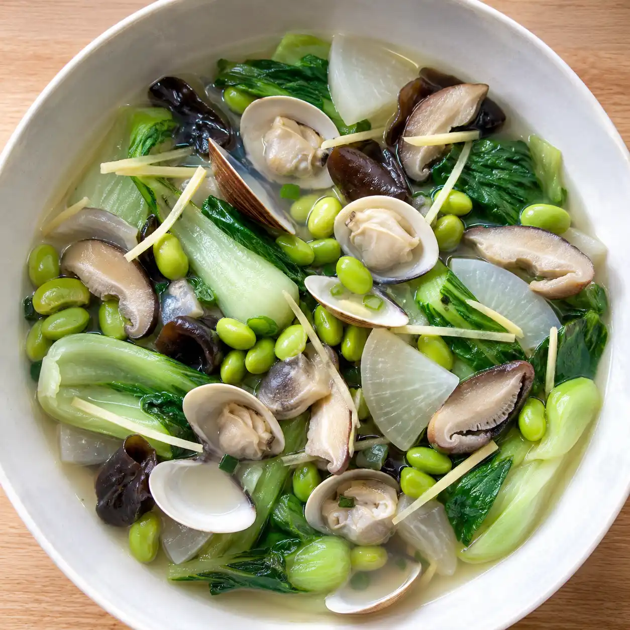 薑蔥蛤蜊毛豆青菜煮