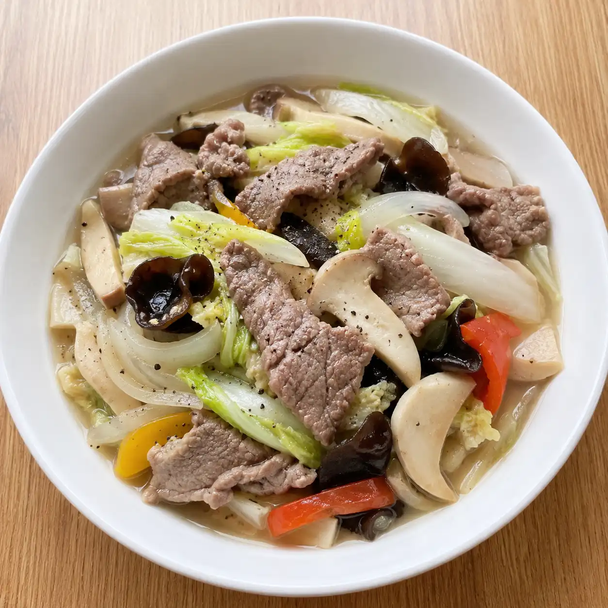 黑胡椒瘦牛白菜杏鮑煮