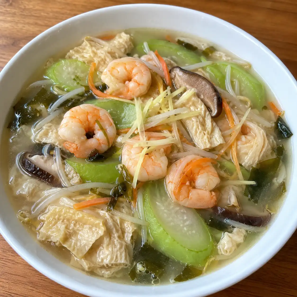 薑絲蝦仁絲瓜豆皮羹