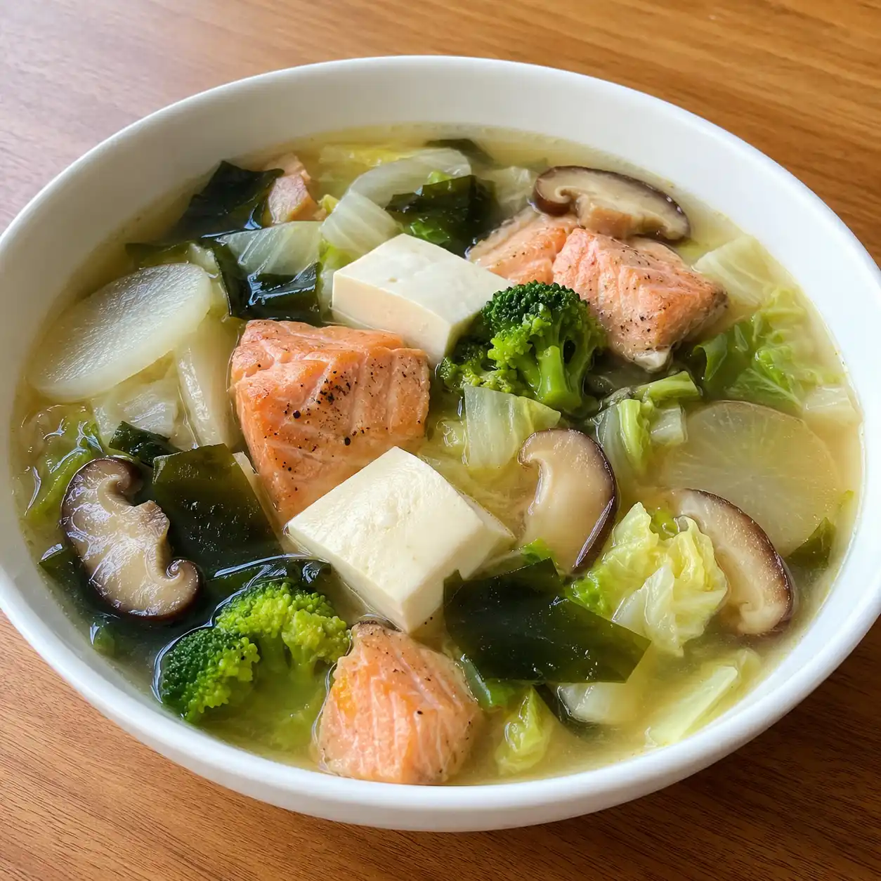 味噌鮭魚豆腐海帶芽菇羹