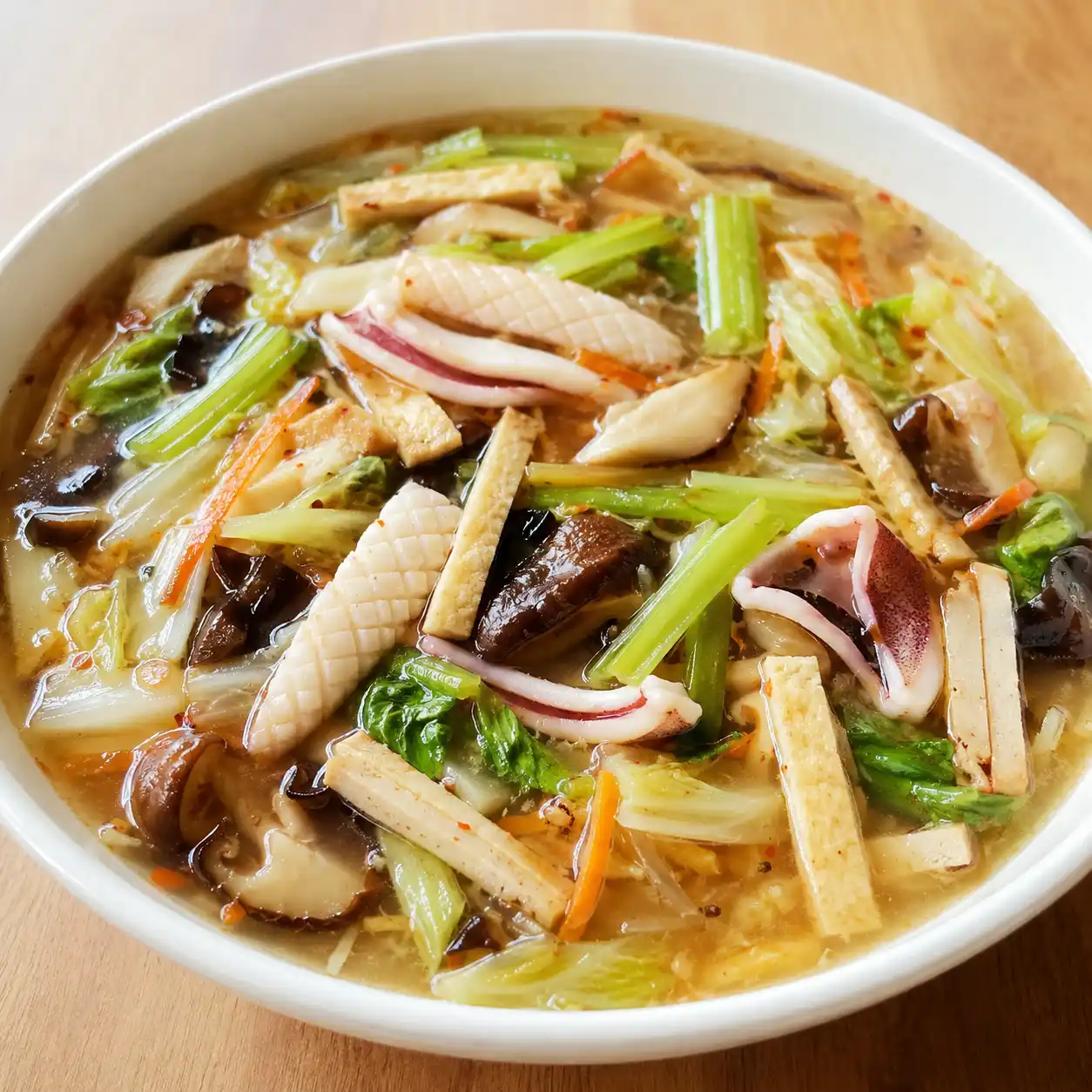 芹菜花枝豆干酸辣羹