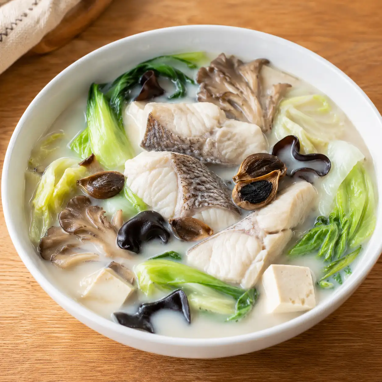 黑蒜鱸魚豆漿菇菜羹