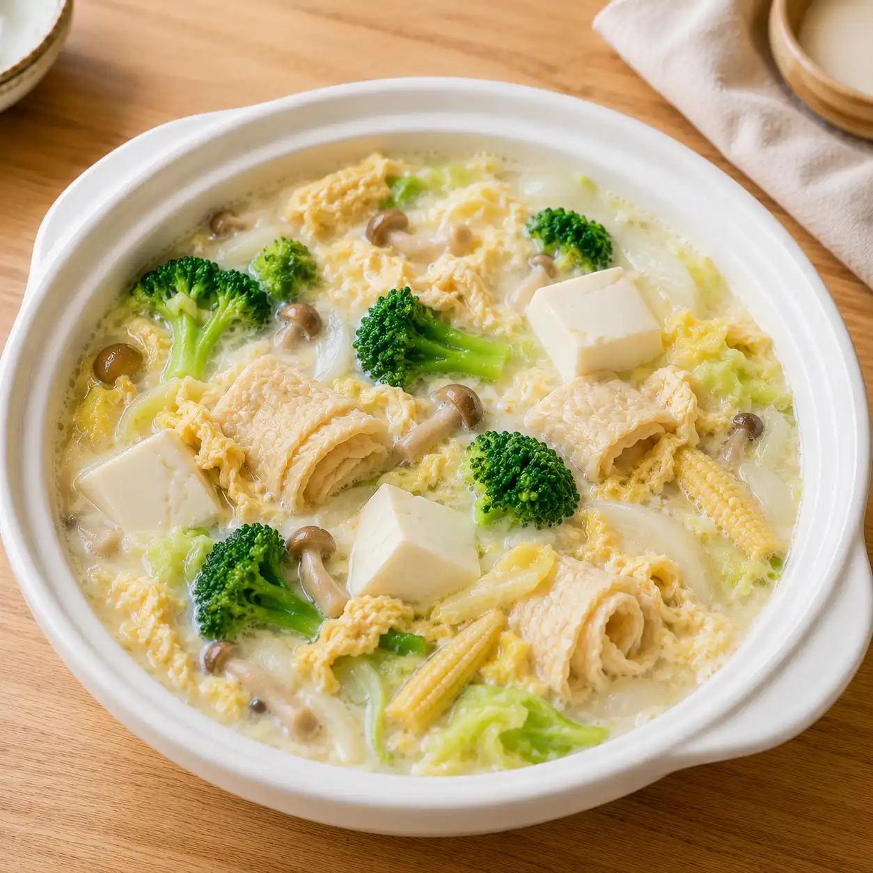 青花菜雞蛋豆腐豆皮奶白鍋