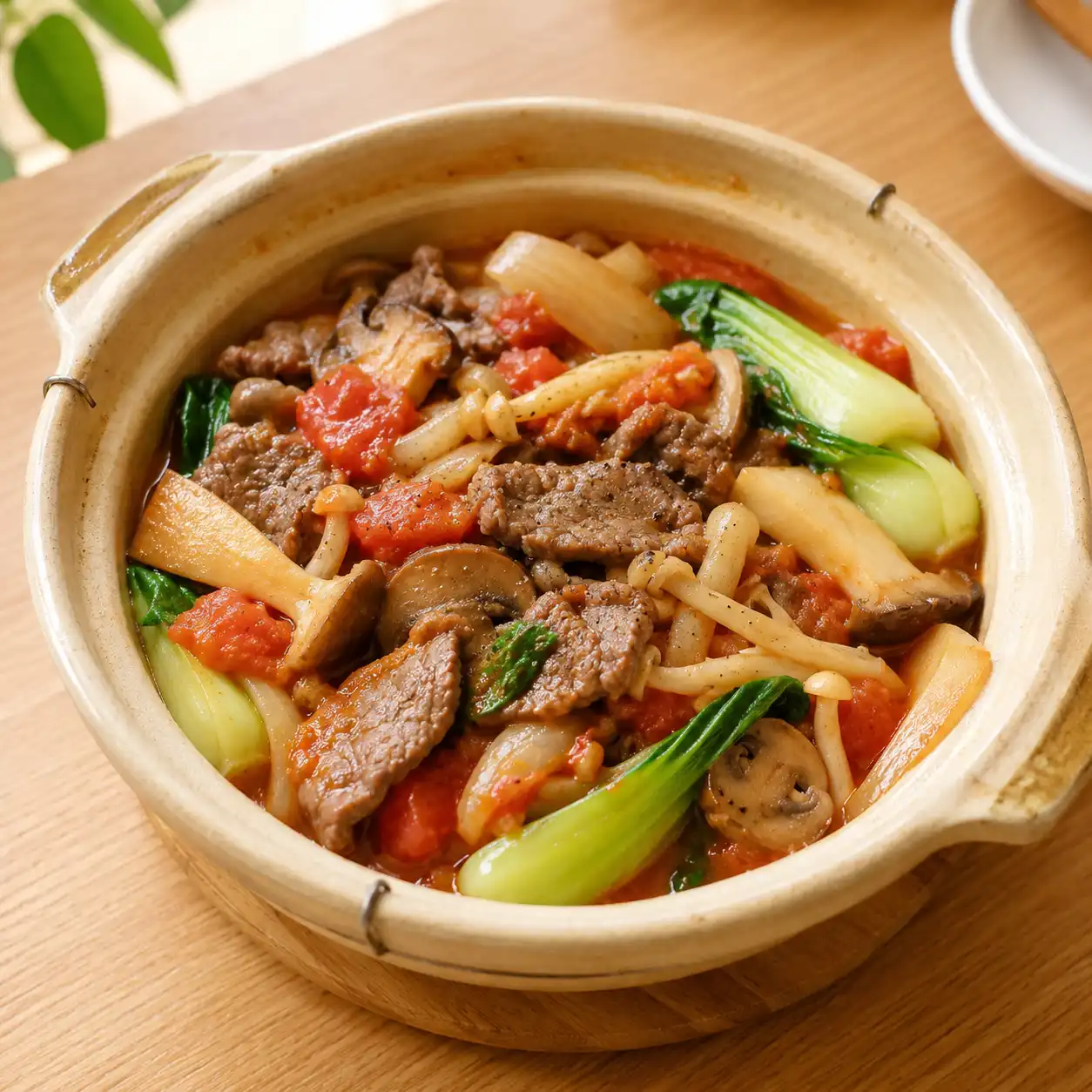蒜香胡椒牛肉片番茄菇菇煲