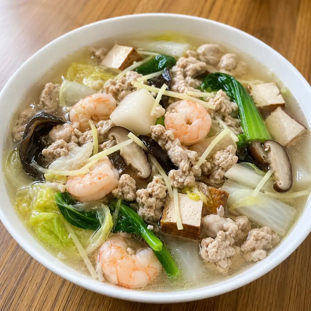 薑絲蝦仁豆干雞肉末清湯