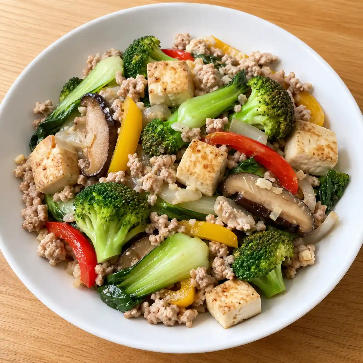 蒜香瘦絞肉豆腐花椰炒