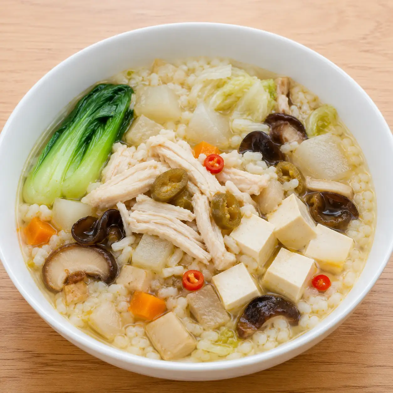 剝皮辣椒雞絲冬瓜根菜湯飯
