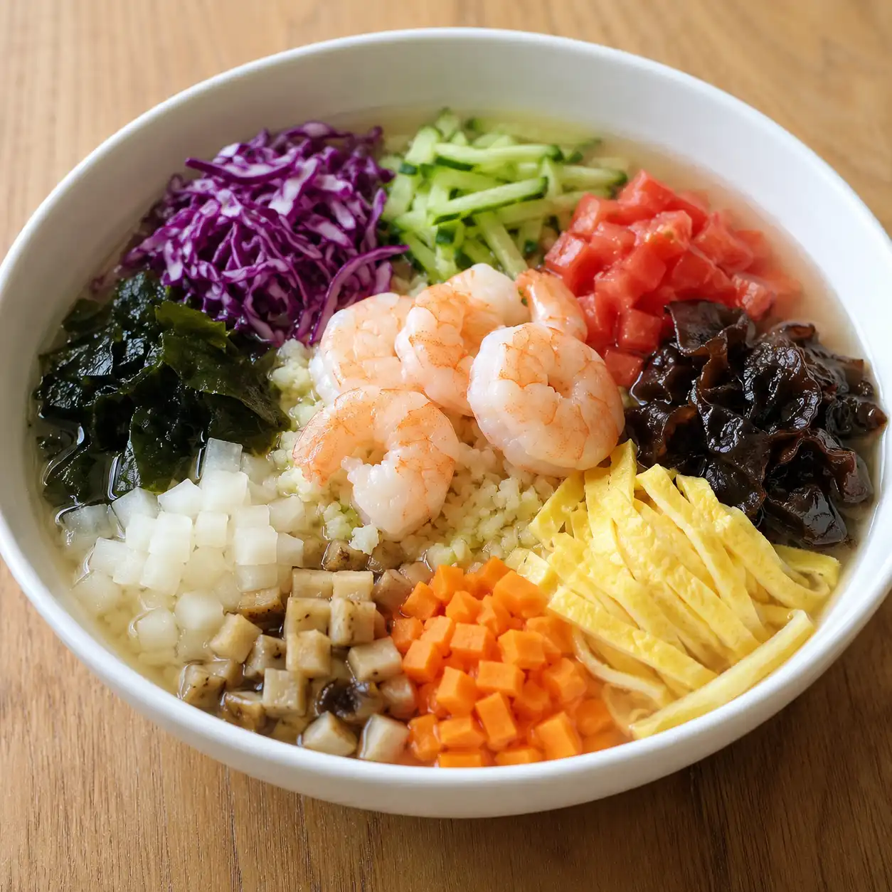 紫甘藍蝦仁蛋皮冷湯飯碗