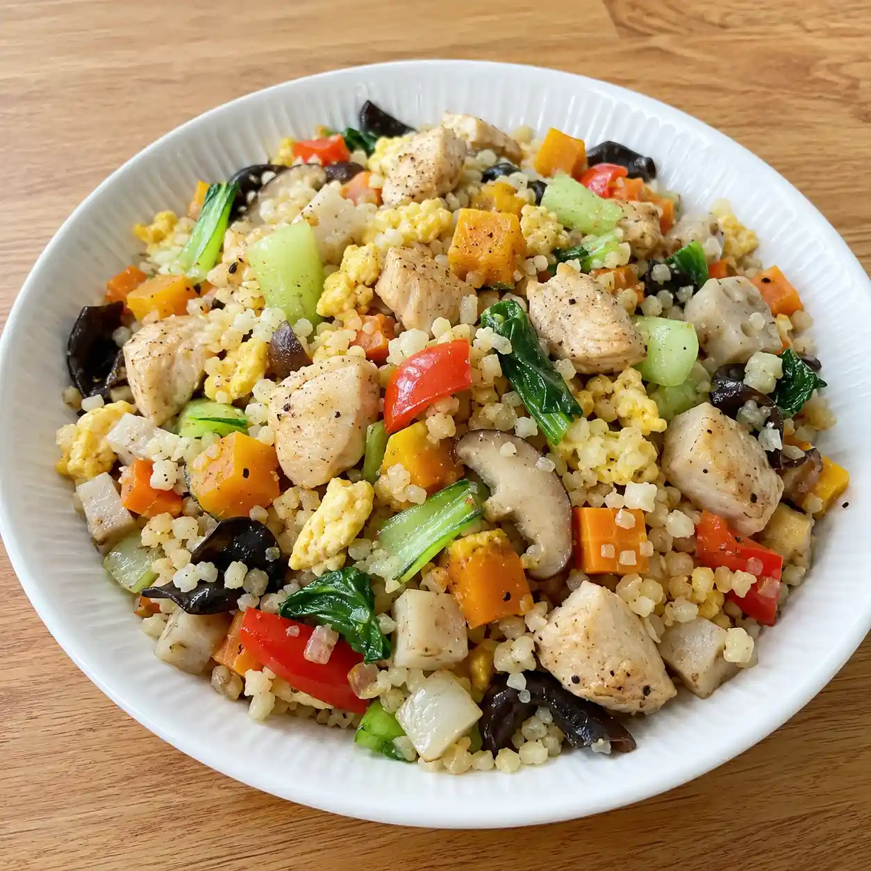 蒜香雞胸根莖丁花椰米炒飯感