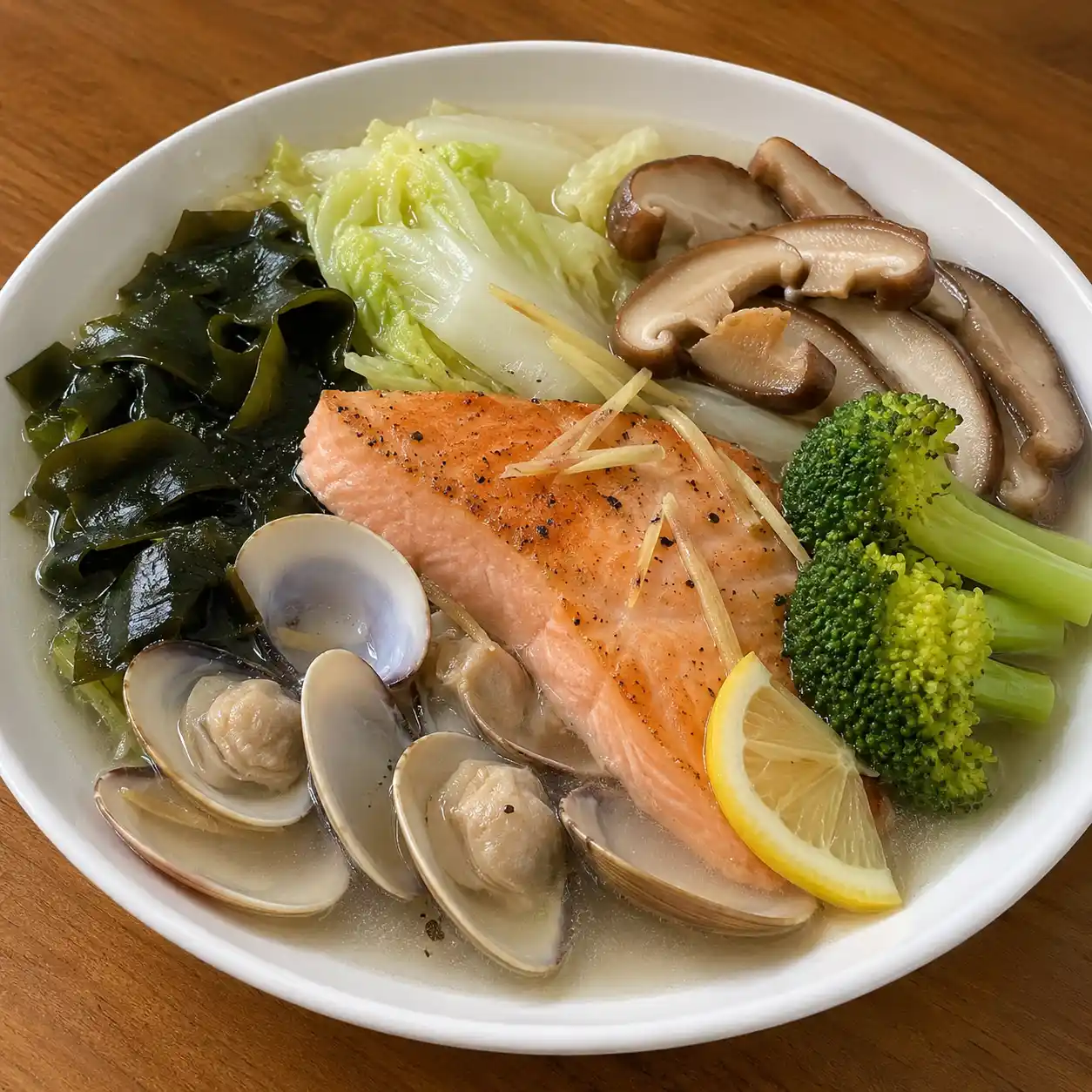 胡椒昆布蛤蜊鮭魚菜盤