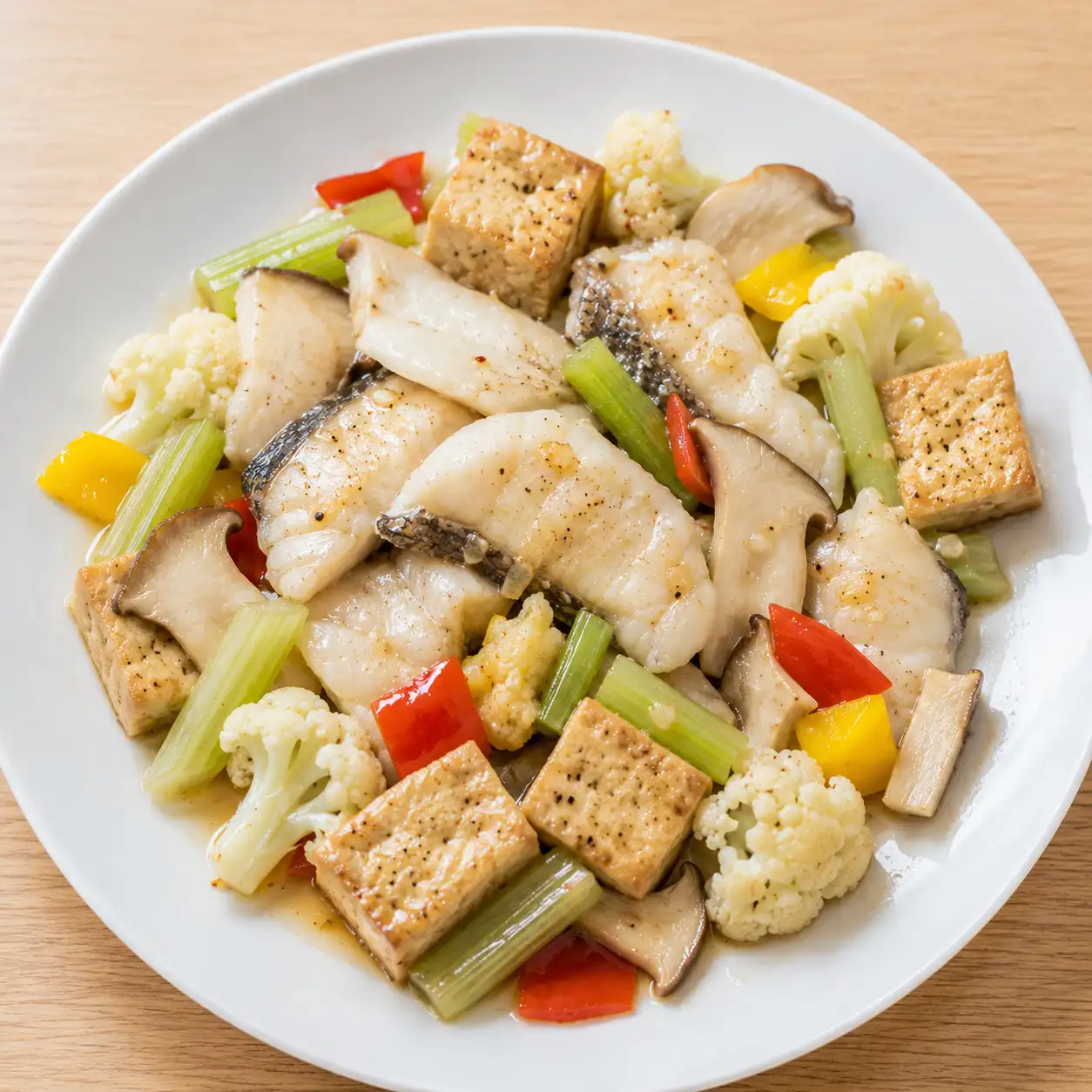 花椒麻香魚片豆腐菇菜盤