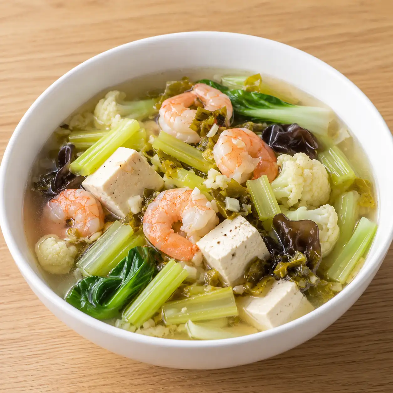 酸菜芹菜胡椒蝦仁豆腐湯
