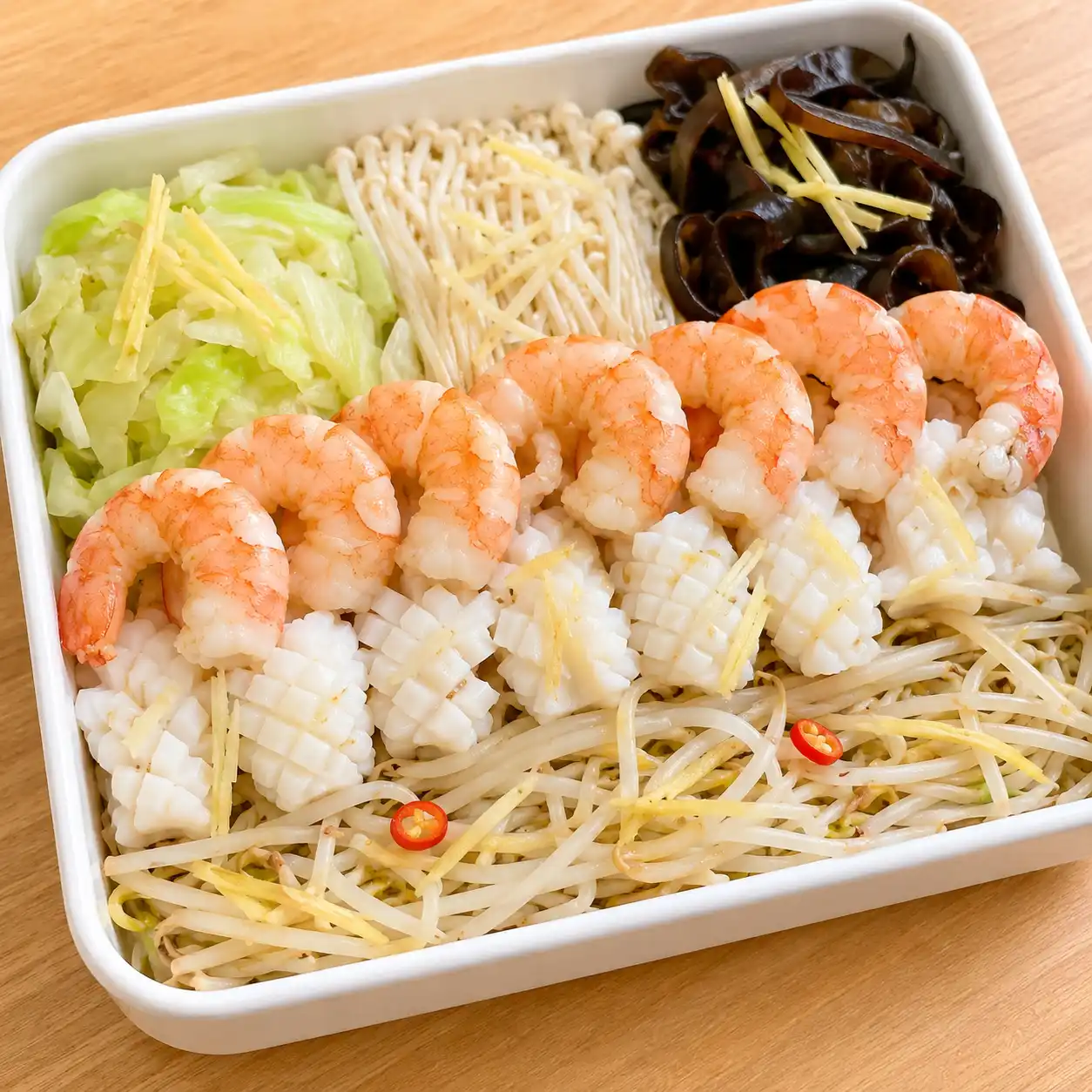胡椒薑醋花枝蝦仁菜盒