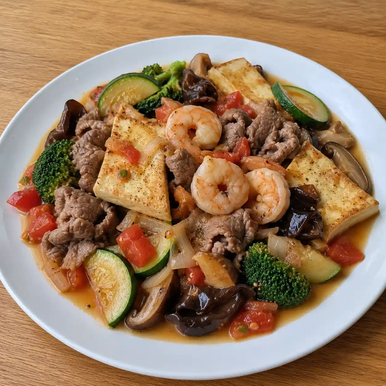 番茄豆腐牛肉蝦仁滷菜盤