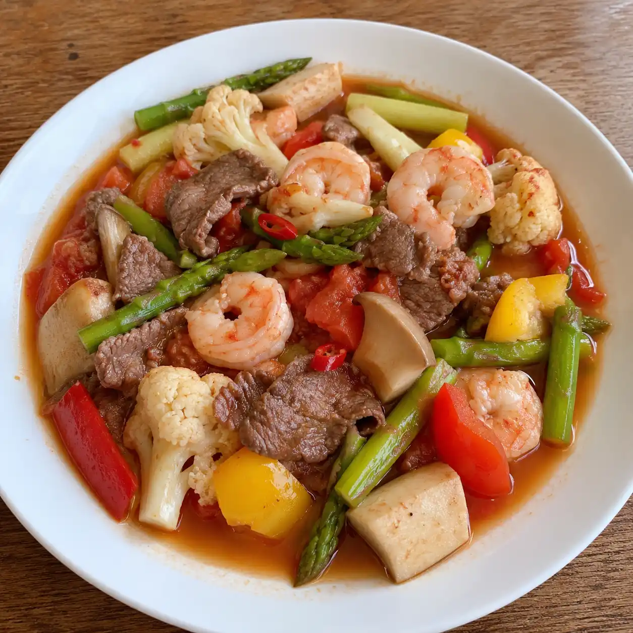 番茄酸辣牛肉蝦仁菇菜碗