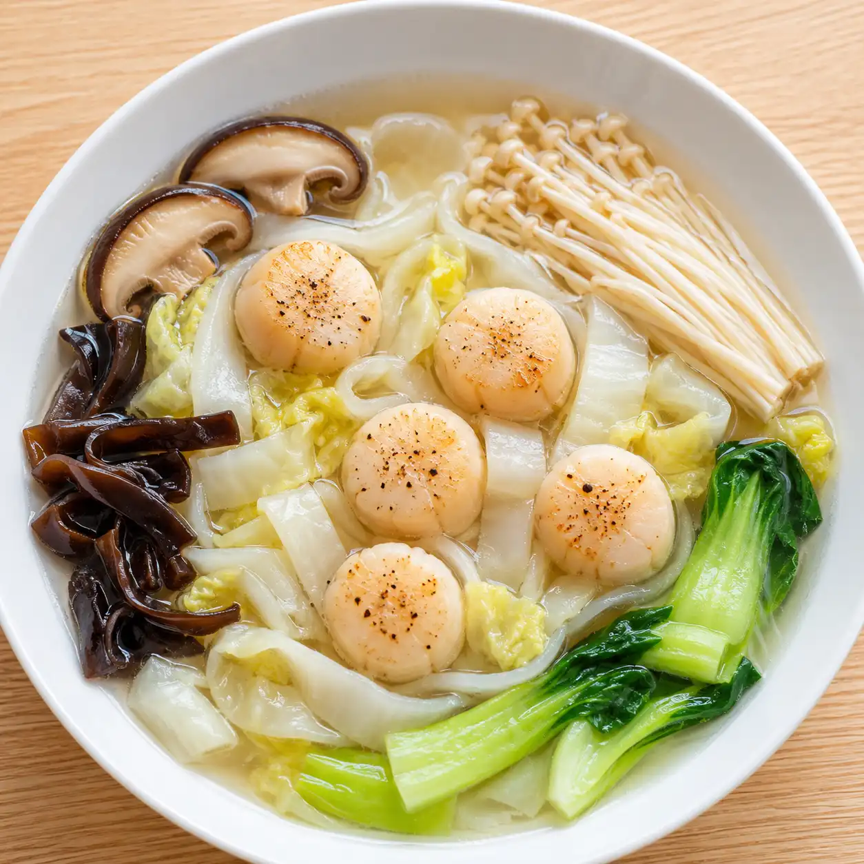 胡椒干貝白菜寬麵湯