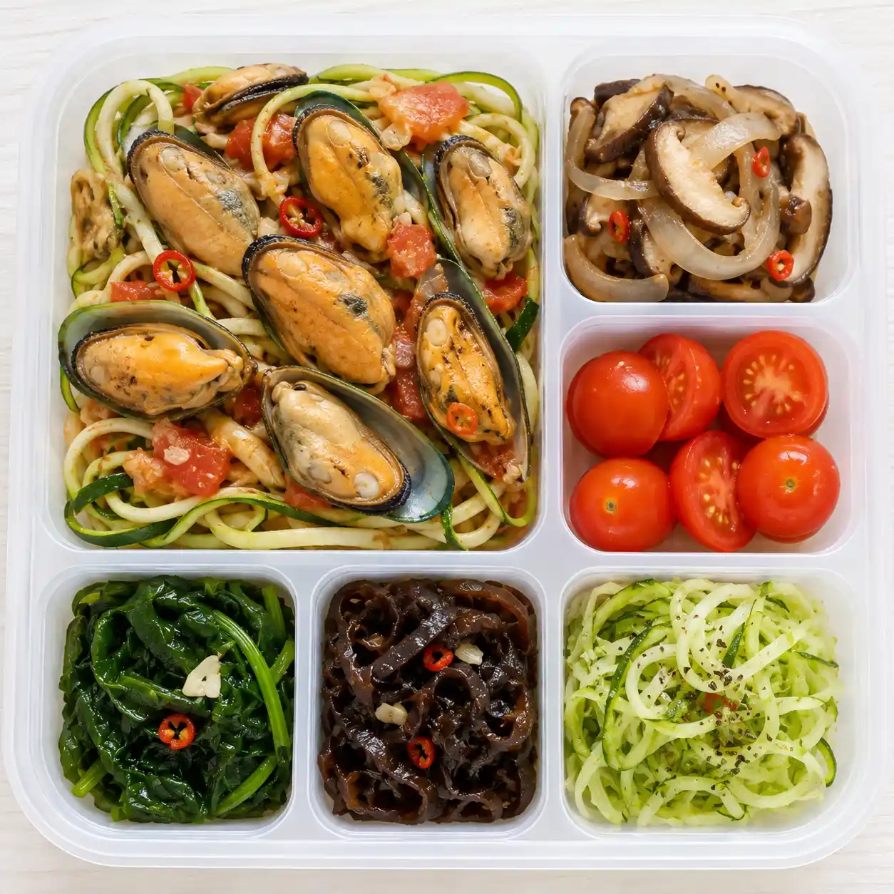 蒜辣淡菜櫛瓜麵餐盒