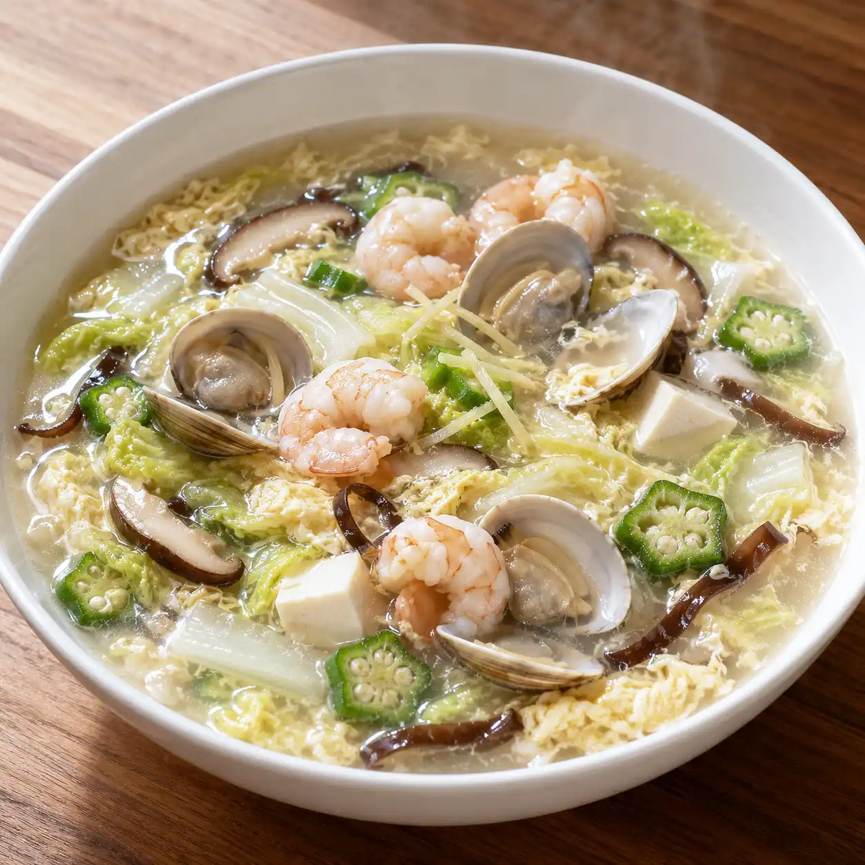 秋葵蛋花蛤蜊蝦仁羹湯