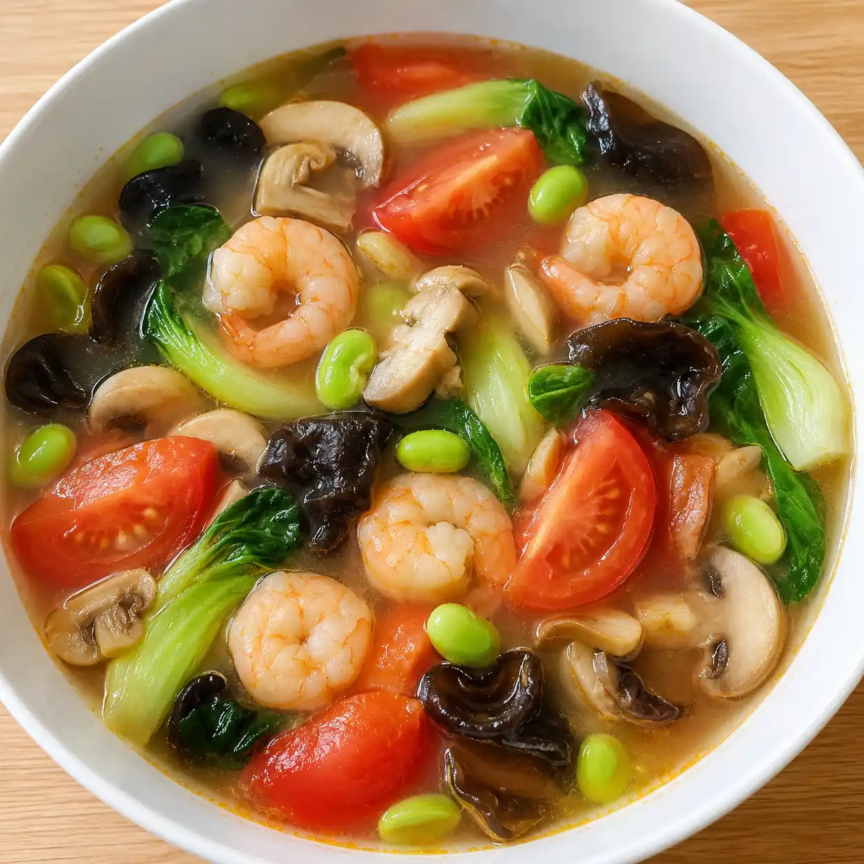 番茄蝦仁毛豆蘑菇湯餐