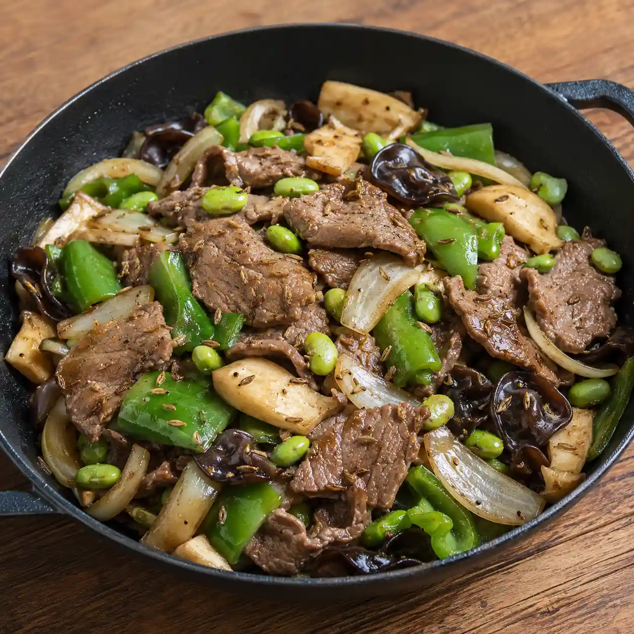孜然牛肉毛豆青椒乾鍋