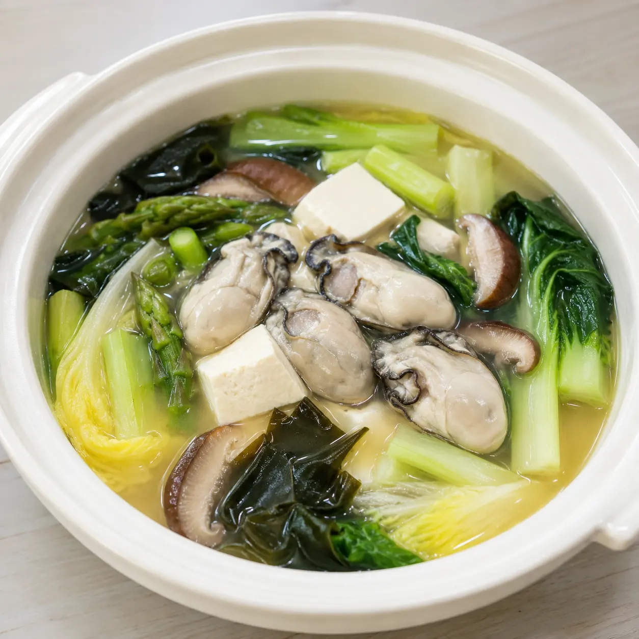 味噌鮮蚵菊苣蘆筍豆腐湯