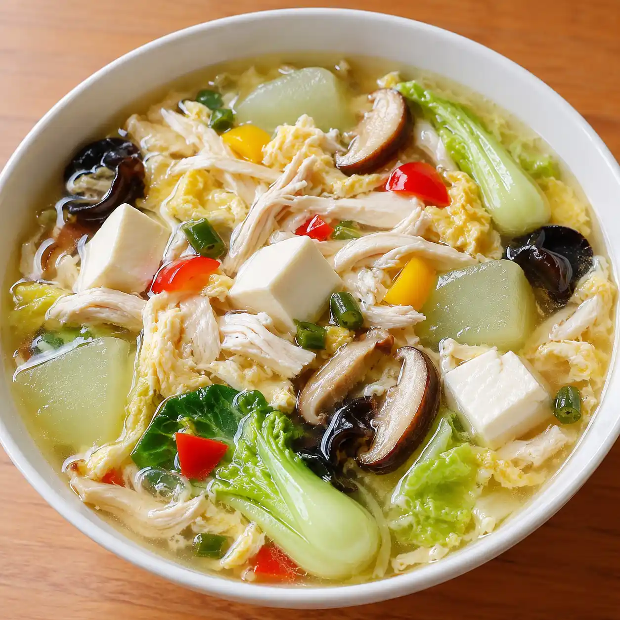 剝皮辣椒雞絲豆腐蛋液湯