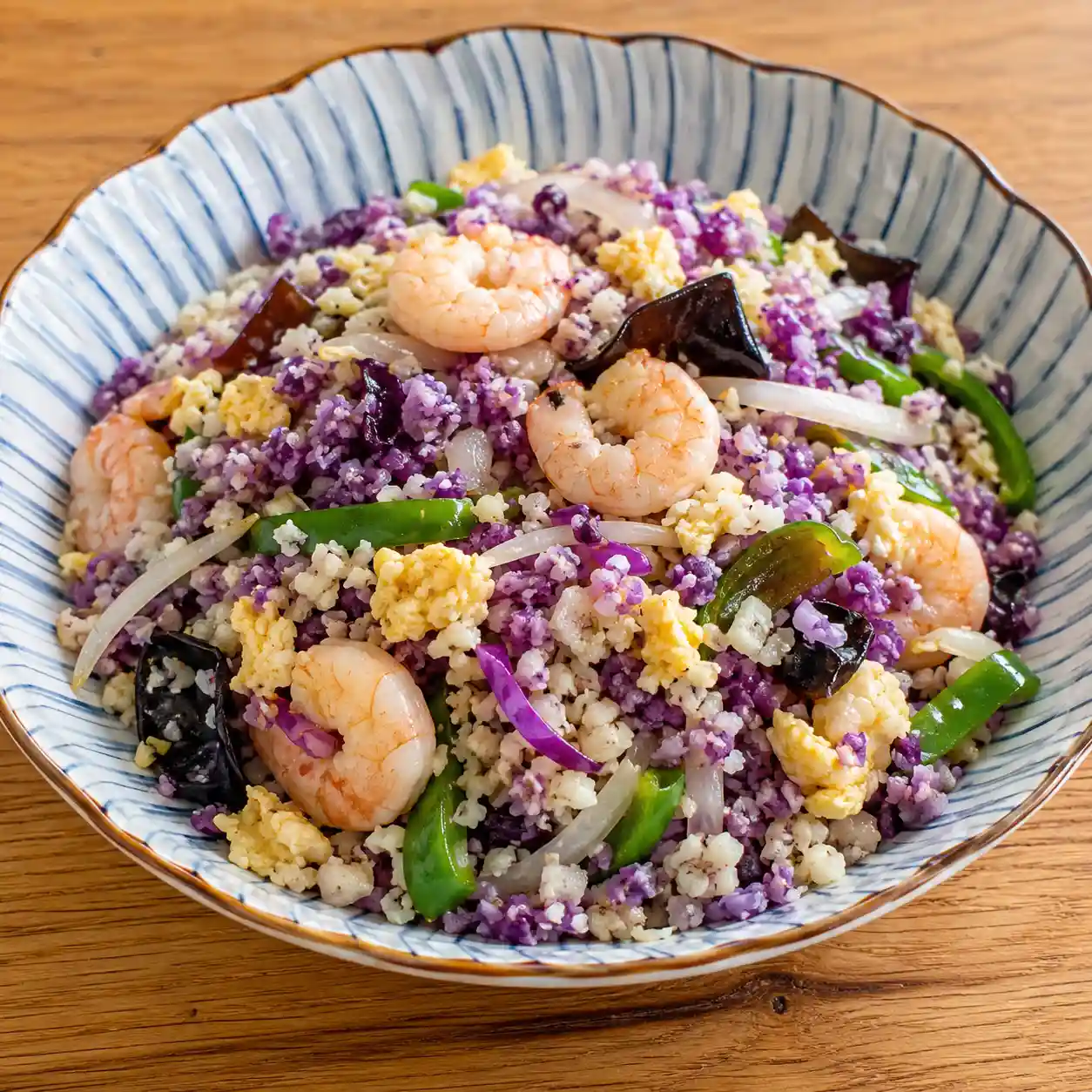 紫花椰蝦仁蛋花炒飯感