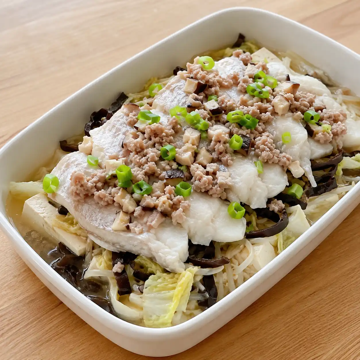香菇肉末豆腐魚片蒸盤