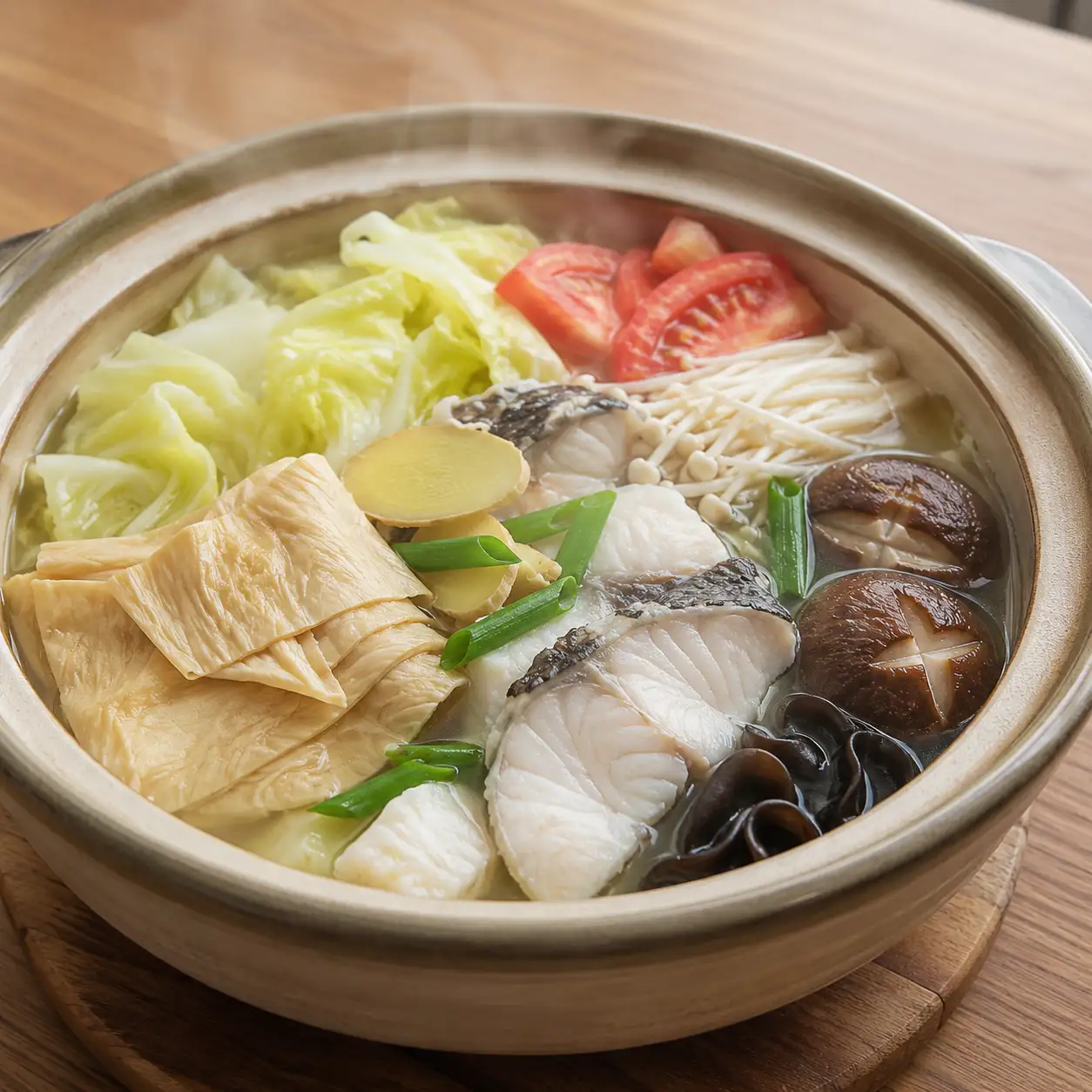 薑蔥高麗菜豆皮魚片鍋