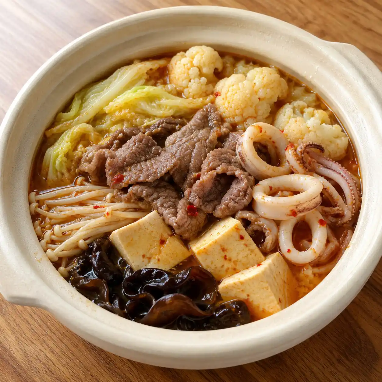 蒜辣牛肉豆腐花枝快鍋