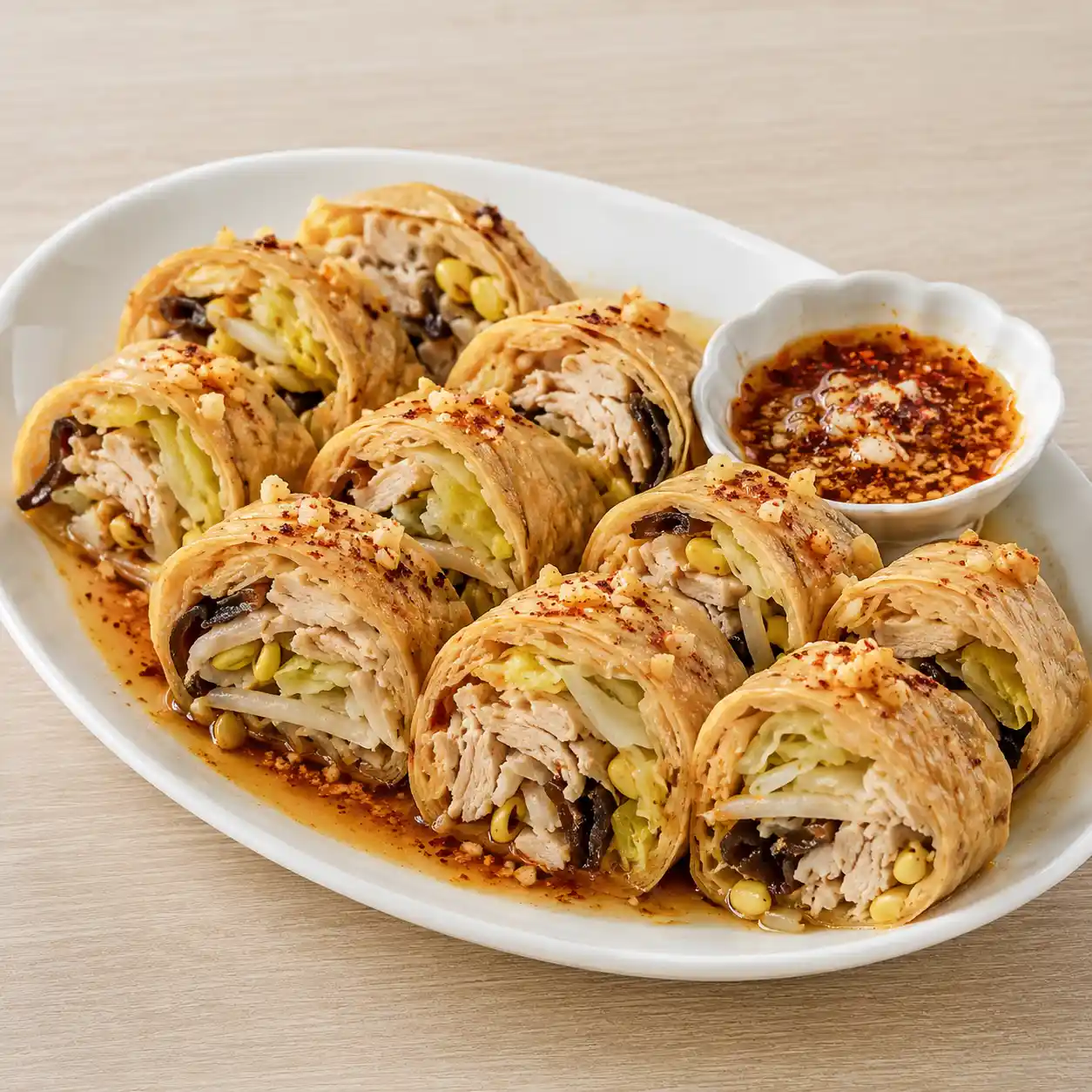麻辣雞胸豆皮蔬菜卷