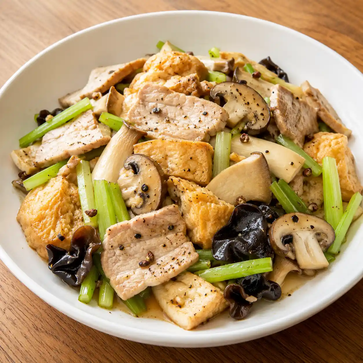 雙胡椒麻辣豬里肌豆包菇菜