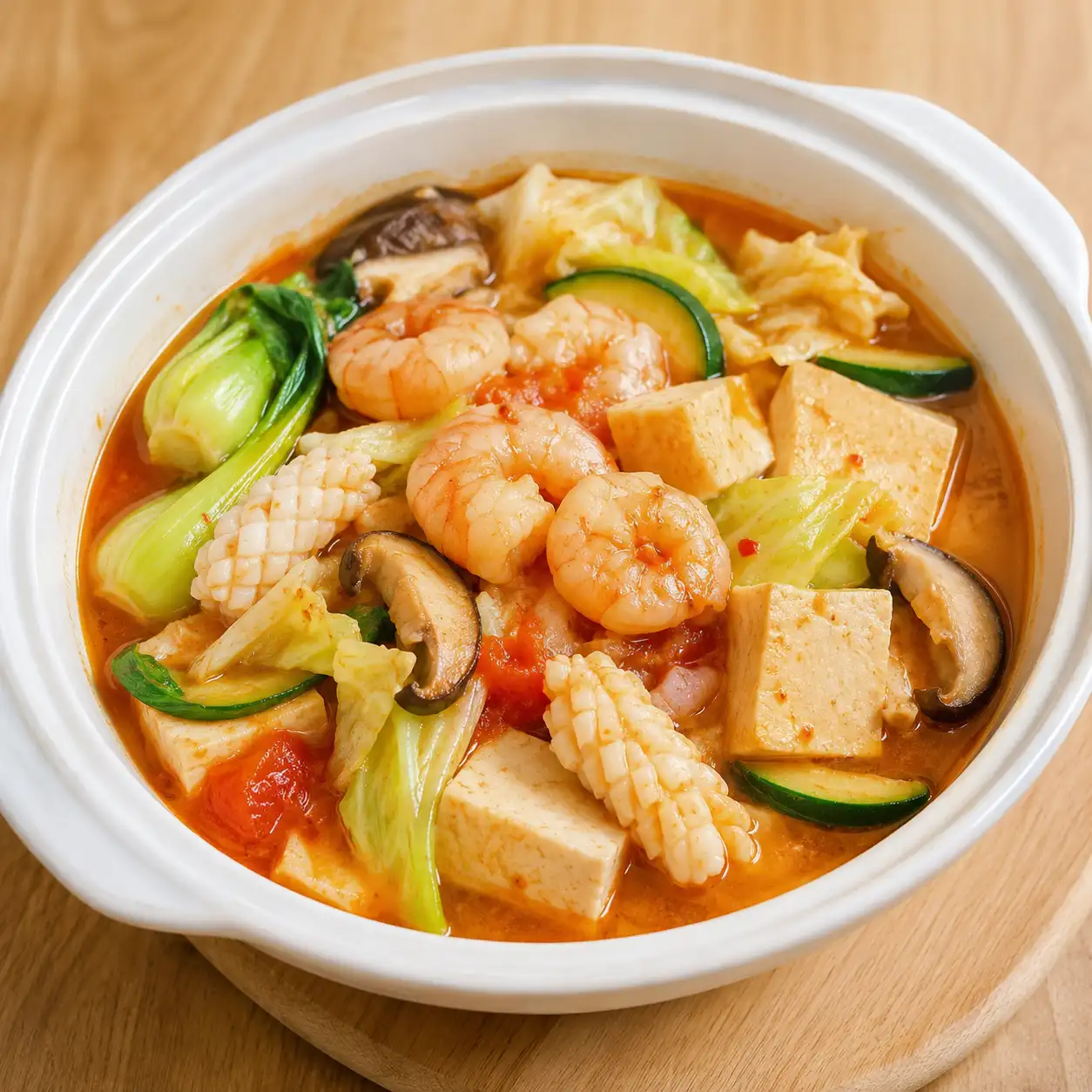 番茄麻辣蝦仁花枝豆腐煲
