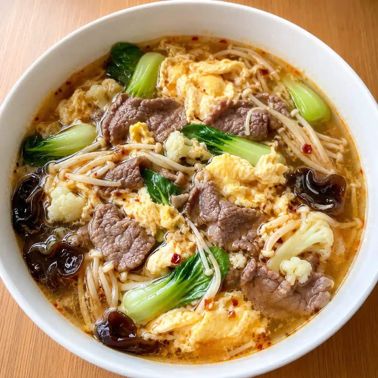 麻辣牛肉金針菇滑蛋湯