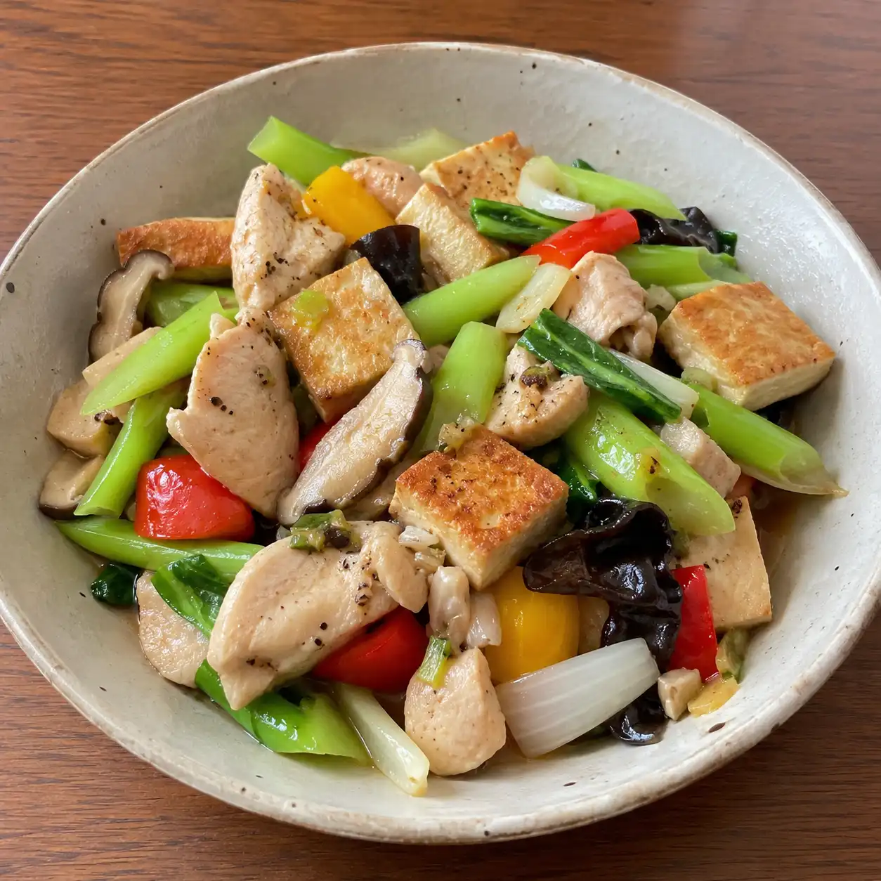 雞胸芥藍梗豆腐雙蛋白炒