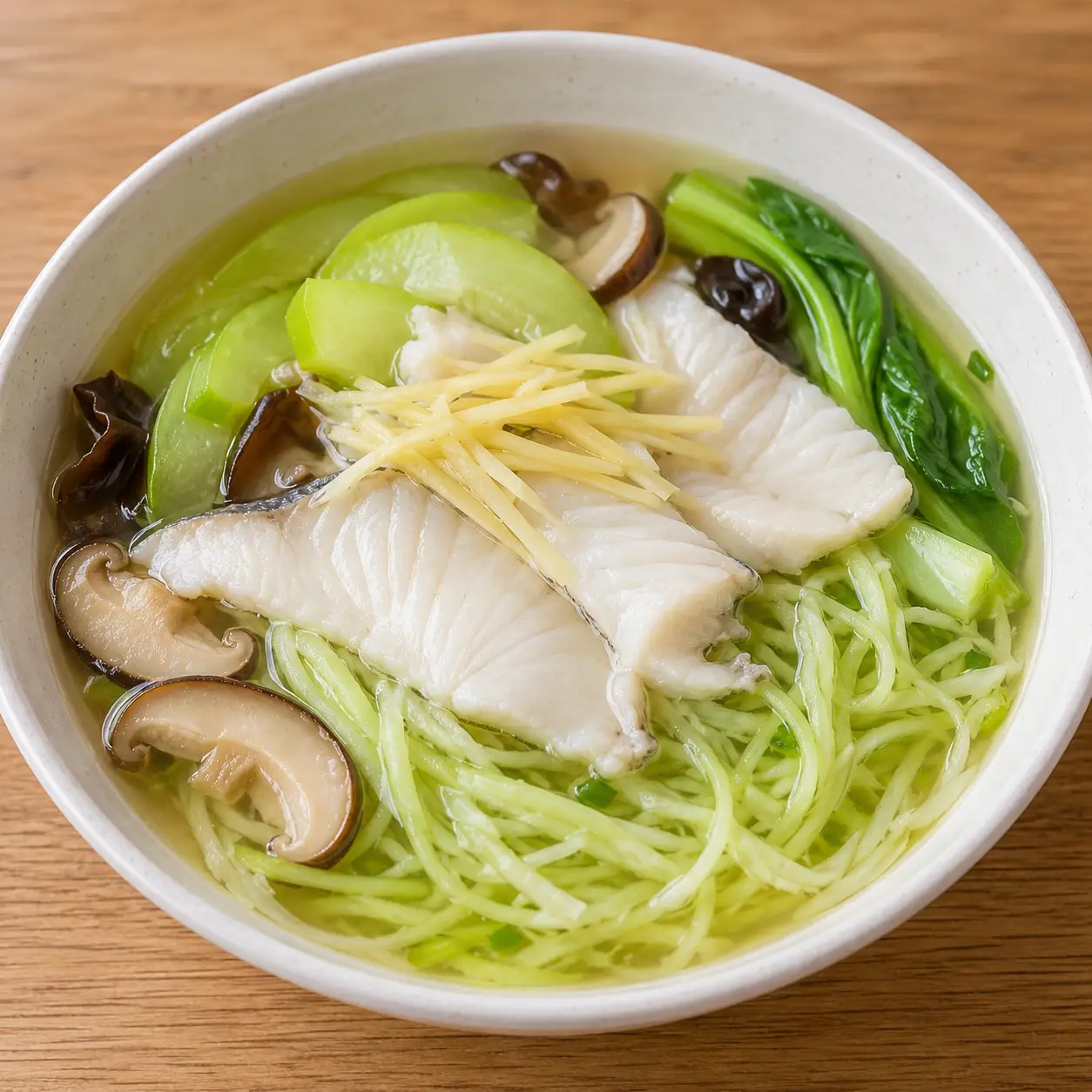 薑絲魚片絲瓜花椰梗湯麵