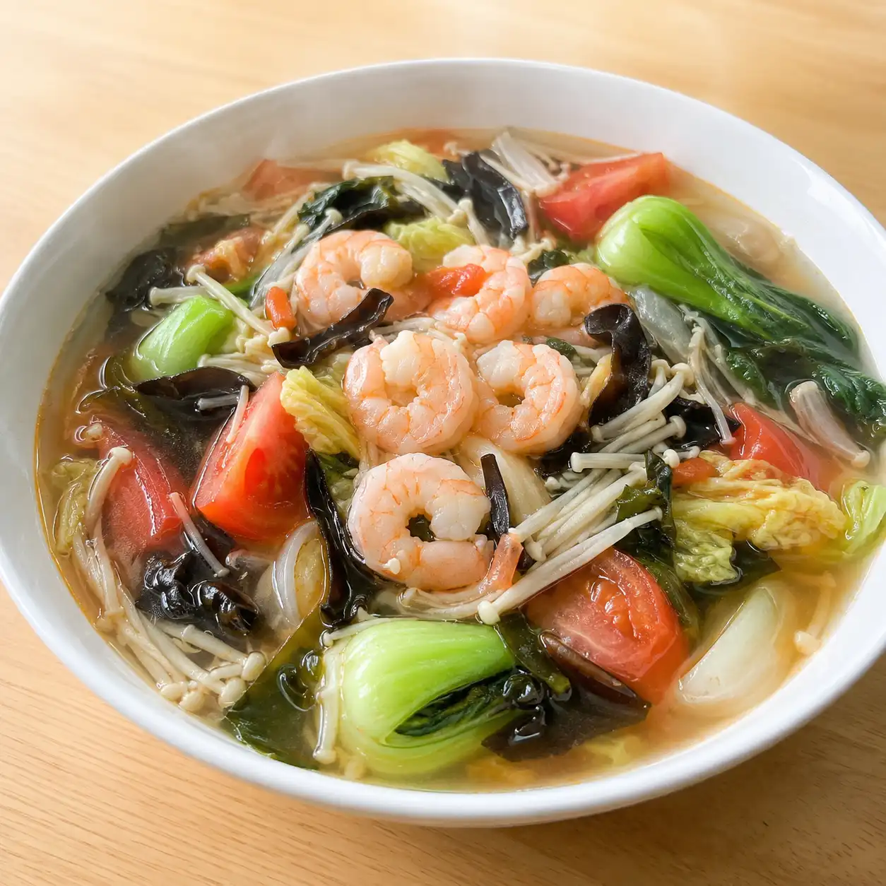 番茄蝦仁金針菇木耳湯麵