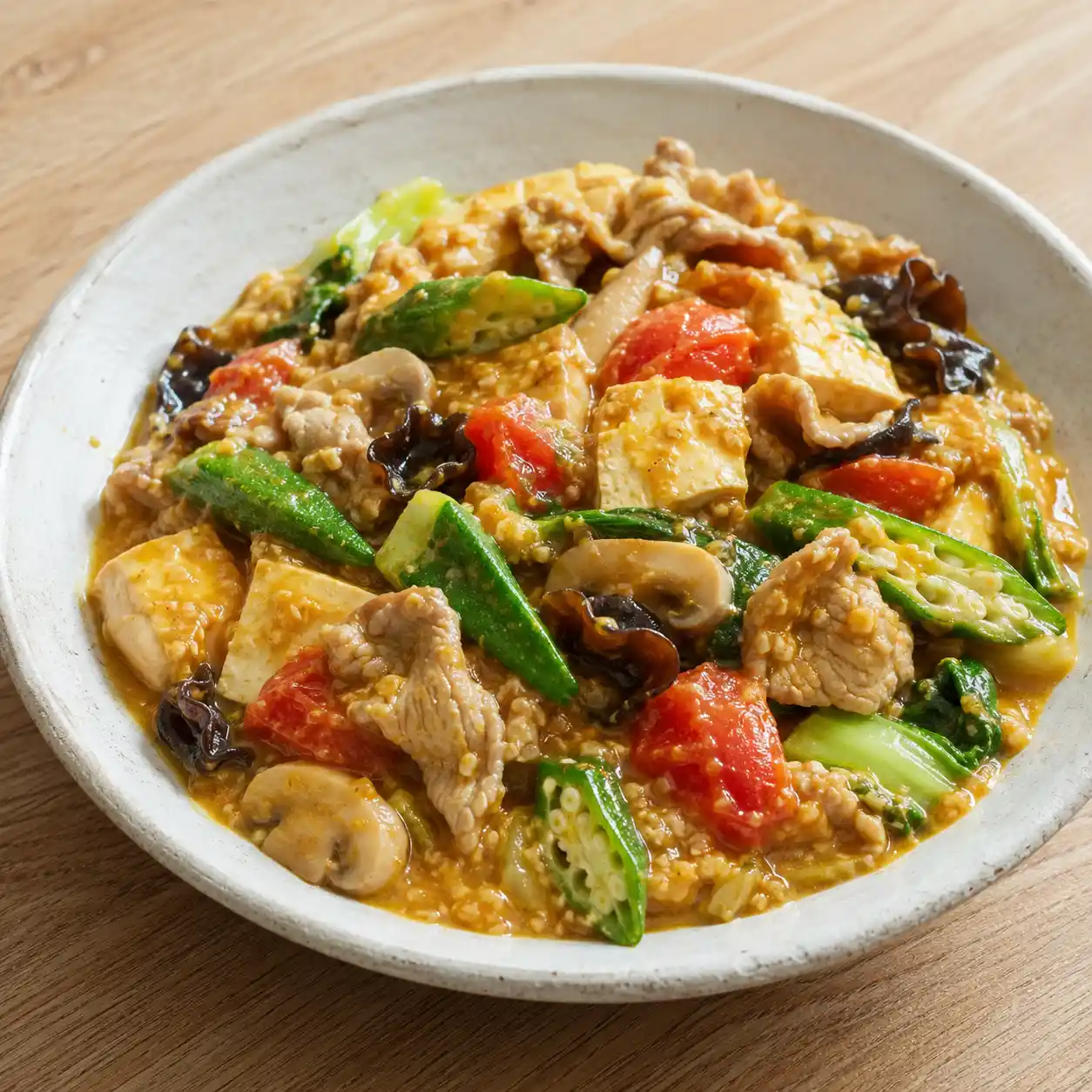 豆腐咖哩瘦肉番茄秋葵盤