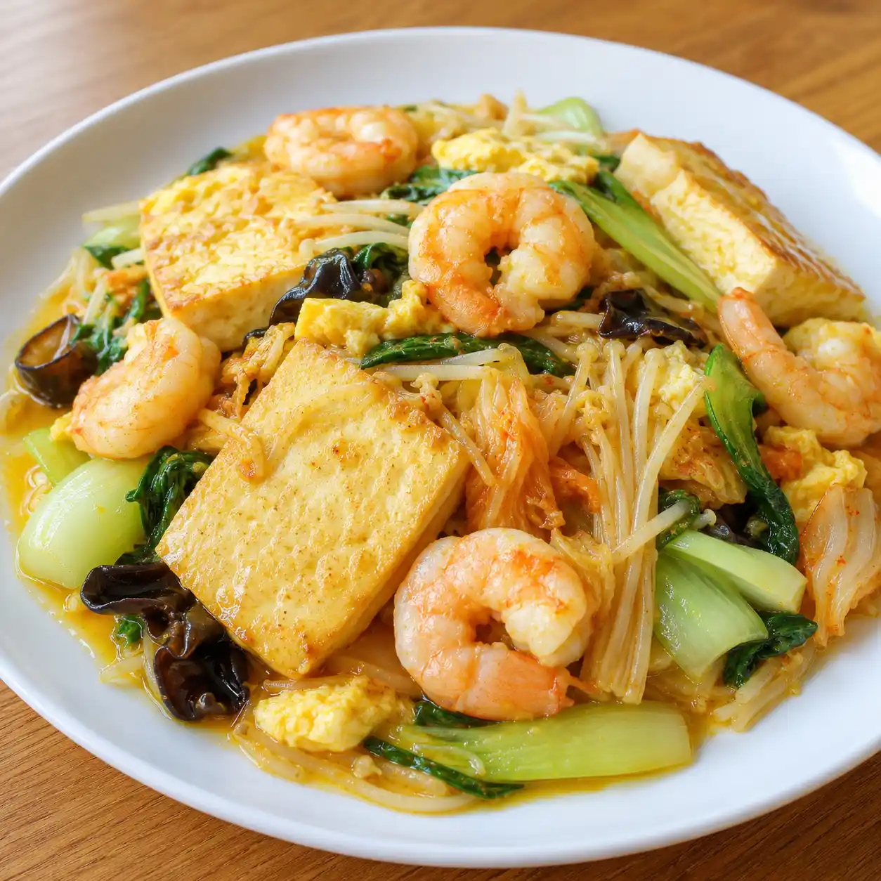 泡菜咖哩蝦仁豆腐雞蛋盤