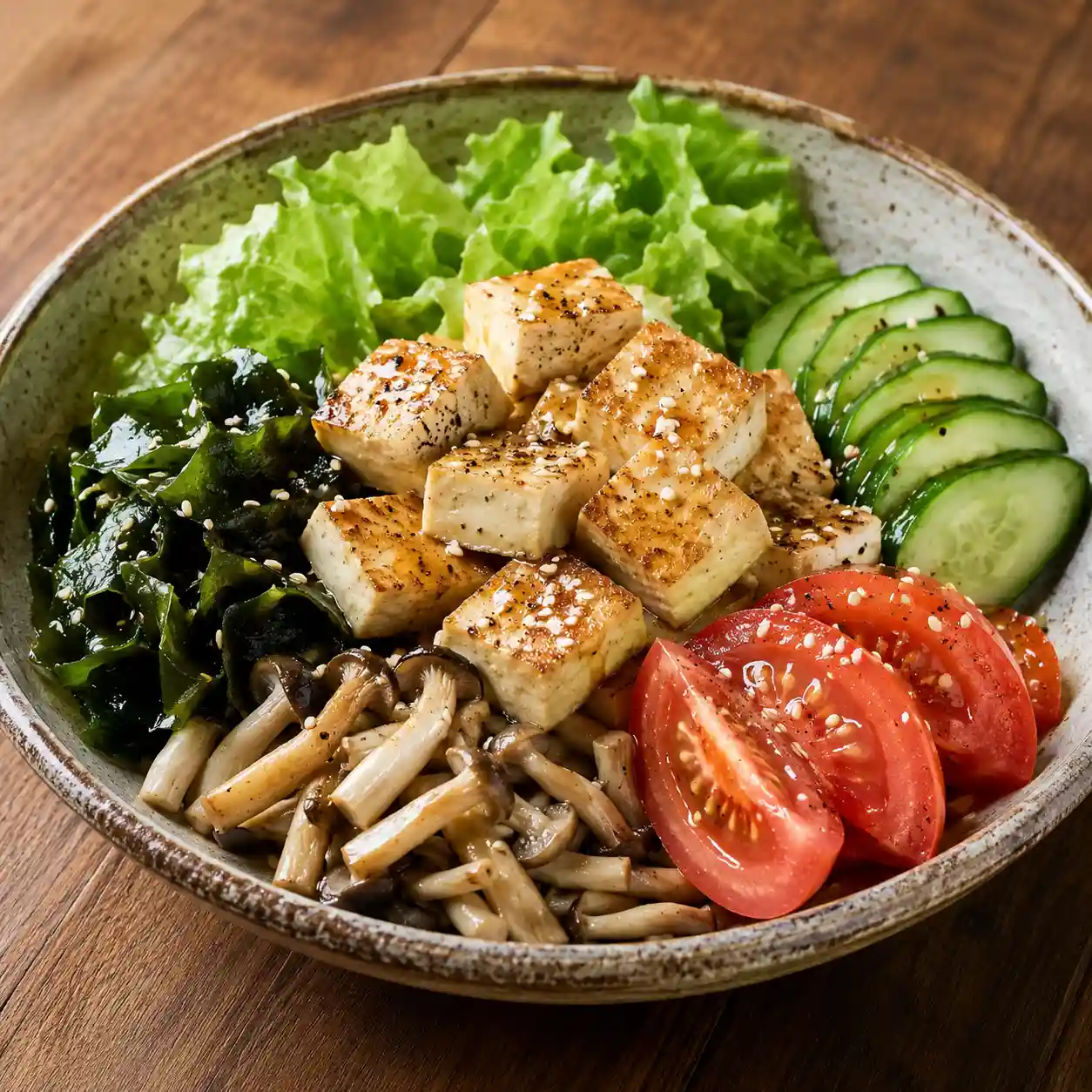 玄米茶豆腐海帶芽菇菇盤