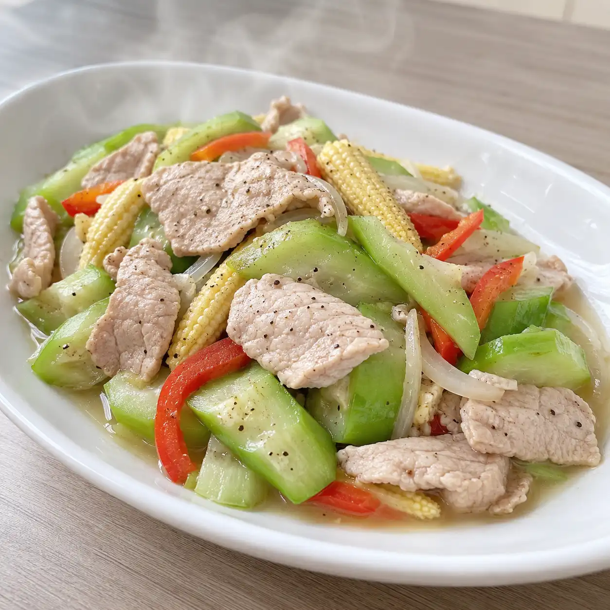 豬肉片炒絲瓜玉米筍