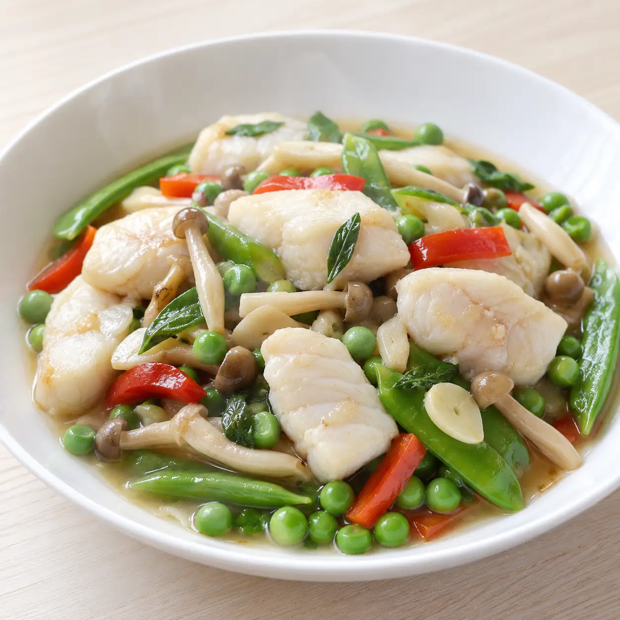 鱈魚炒鴻喜菇豌豆