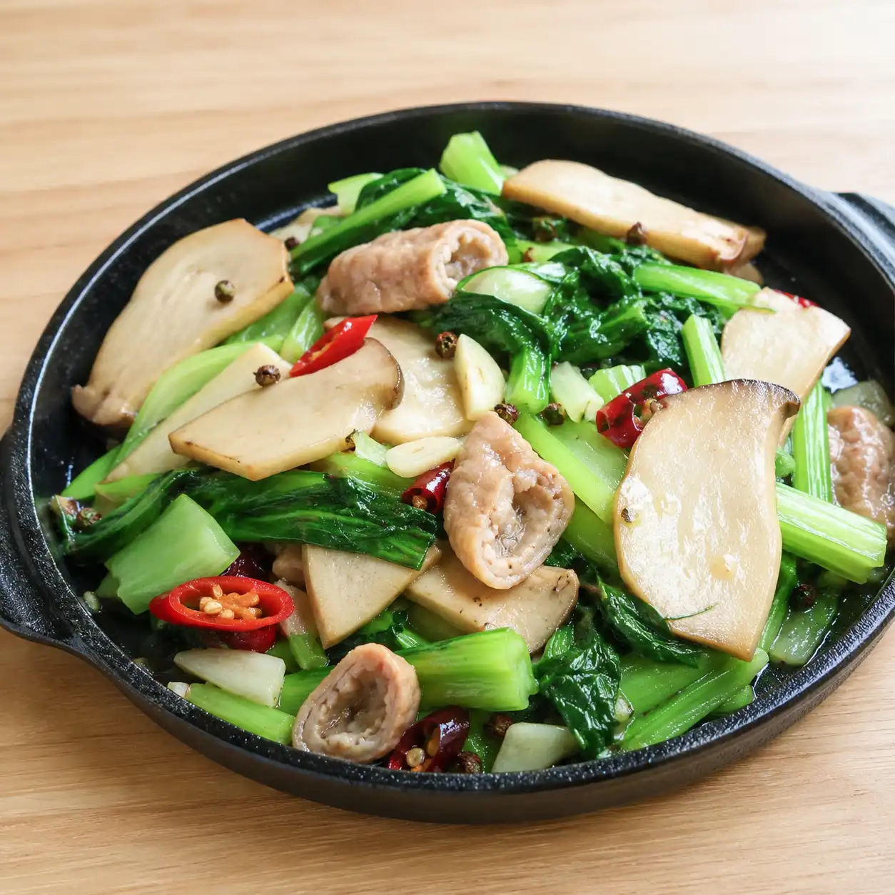 少量肥腸炒杏鮑菇小白菜