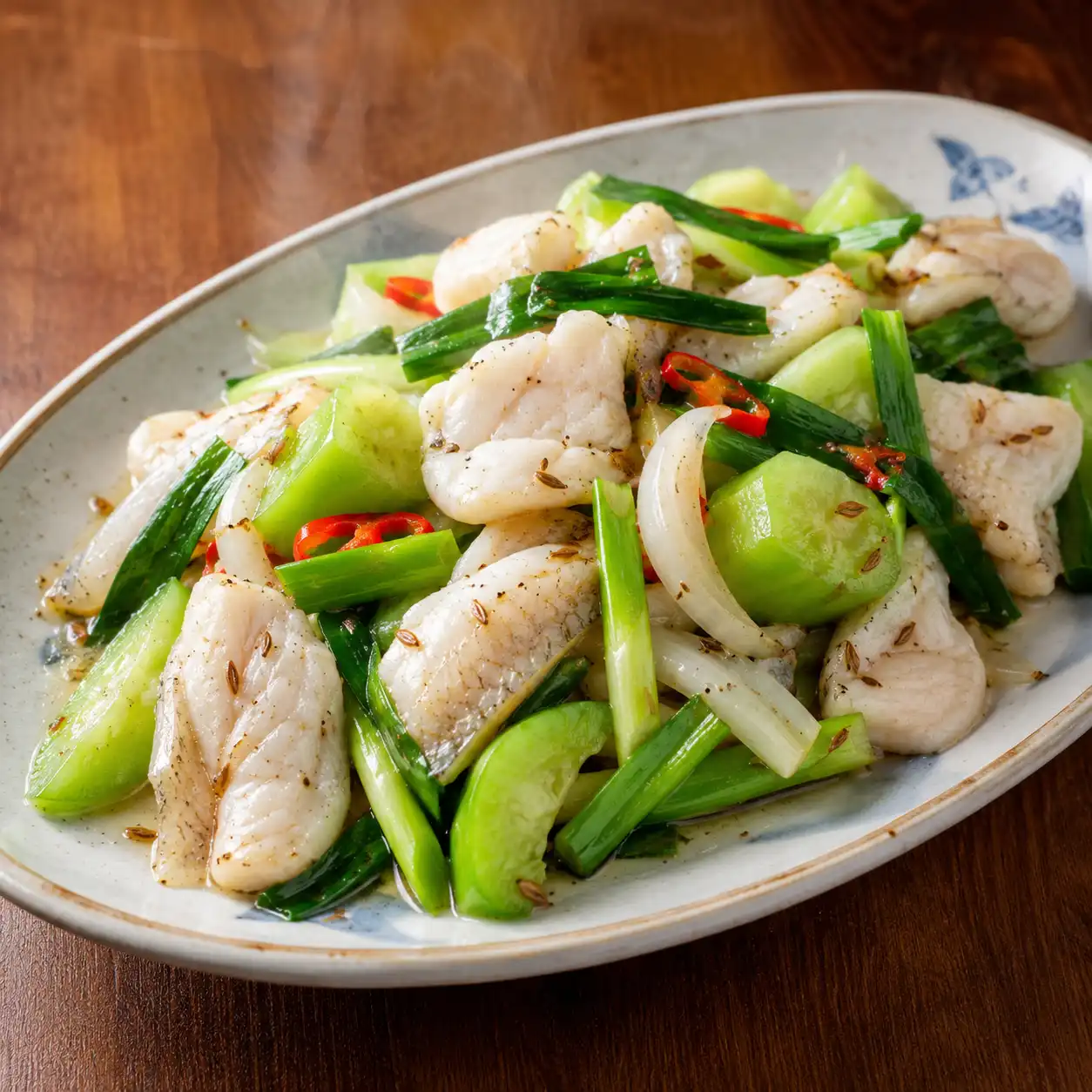 鯛魚炒絲瓜蒜苗
