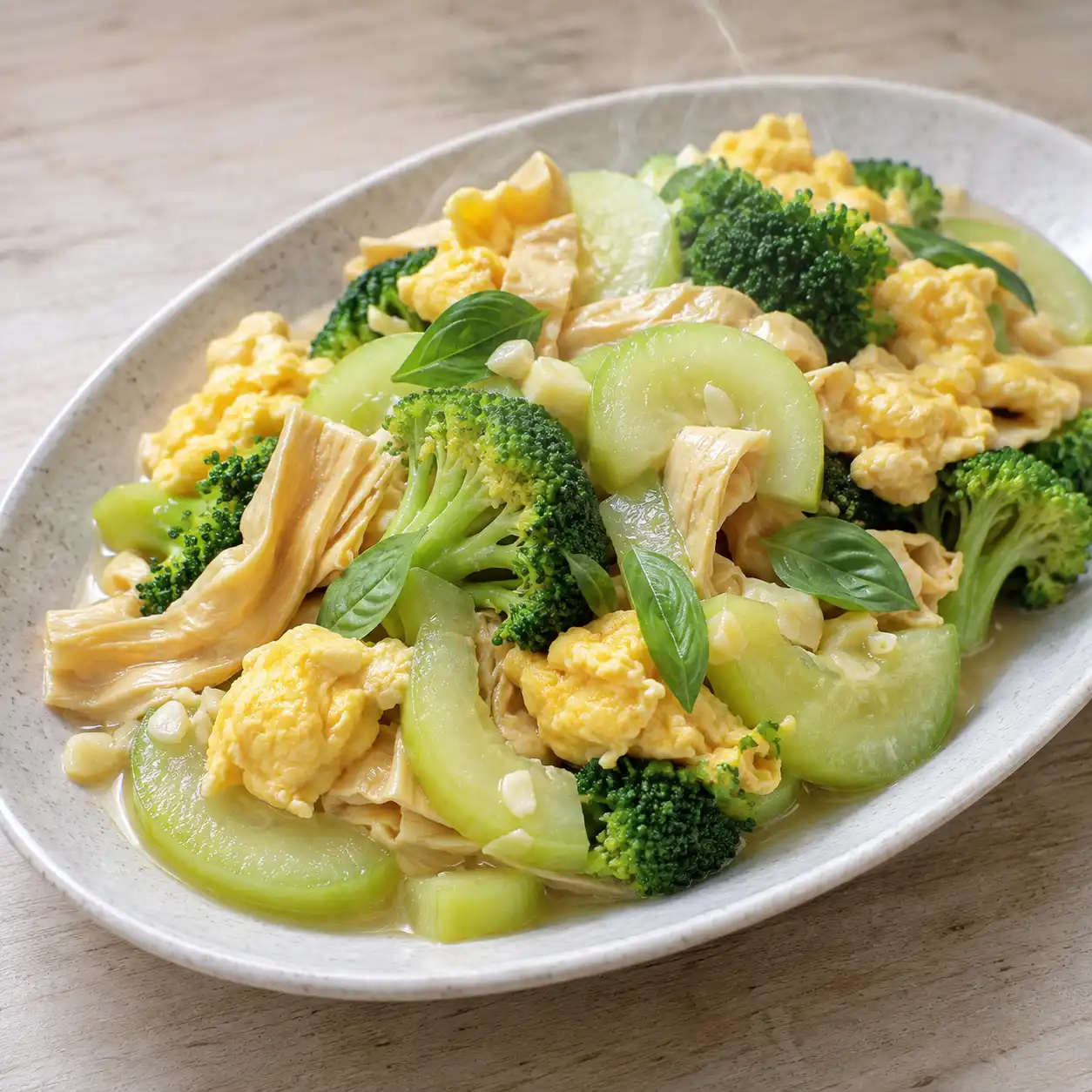 青花菜豆皮滑蛋大黃瓜