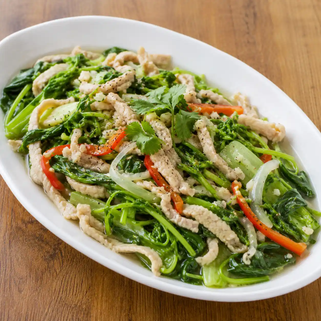 瘦肉絲豆苗小白菜燴炒