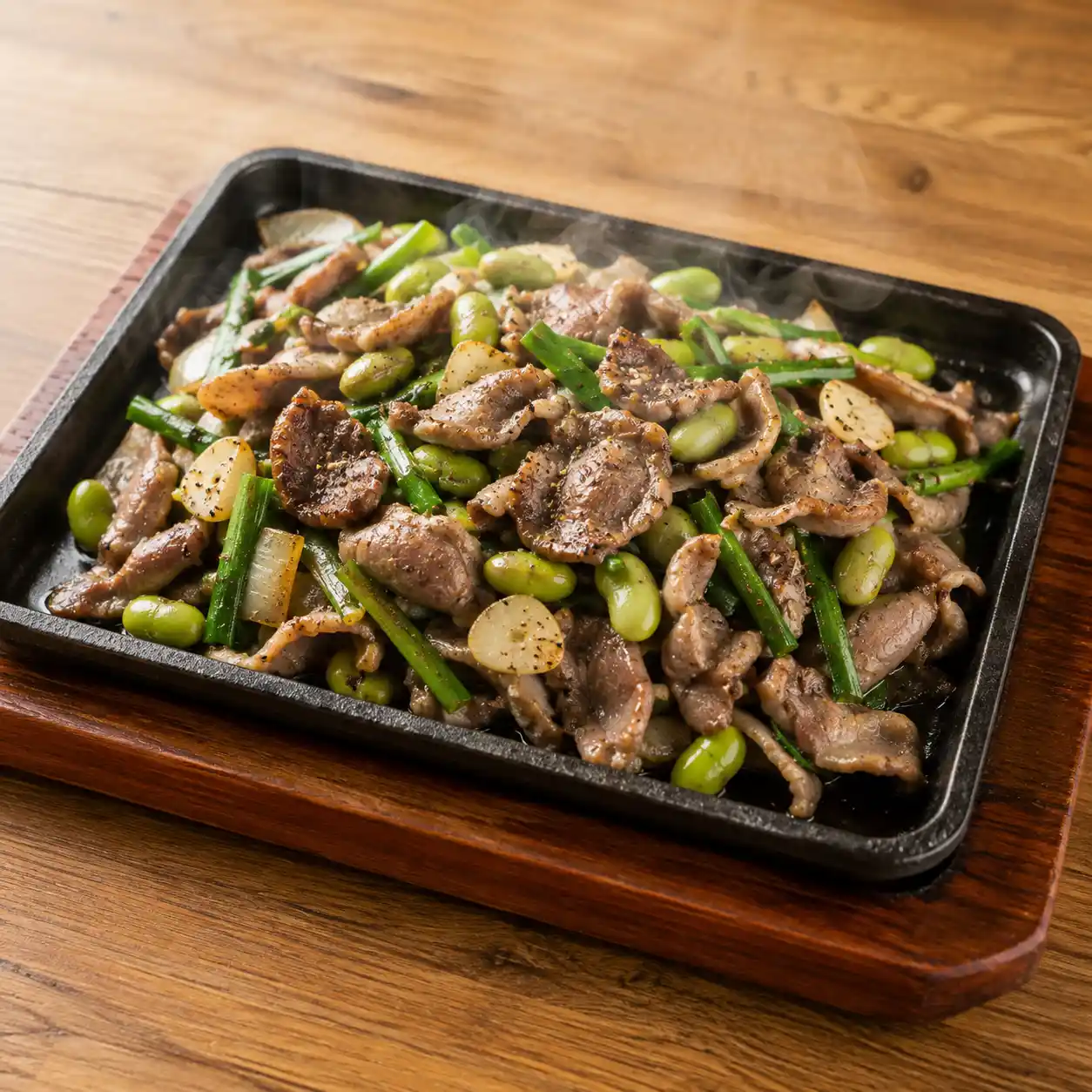 黑胡椒鐵板雞胗毛豆