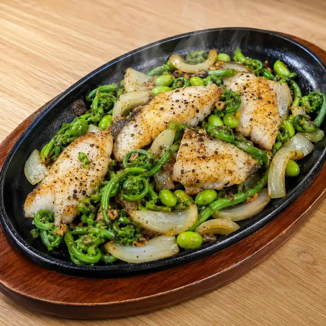 黑胡椒鐵板鱸魚山蘇